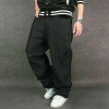 Men Black Loose Long Relaxed Hip-Hop Streetwear Jeans Denim Casual Trousers