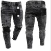 Spring and Summer Male Personality Ripped Black Casual Skinny Zipper Jeans