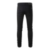 Mens Punk Ripped Letter PU Patchwork Frayed Skinny Fit Stretch Denim Black Jeans