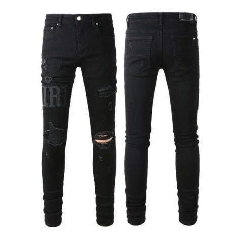 Mens Punk Ripped Letter PU Patchwork Frayed Skinny Fit Stretch Denim Black Jeans