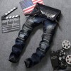 Punk Biker Jeans Men Pleated Skinny Denim Pants Casual Slim Stretch Trousers