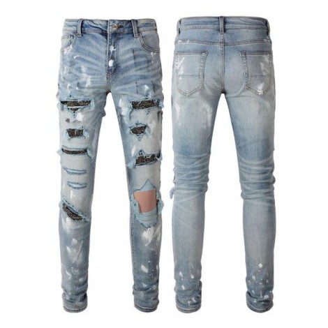 Men's Skinny Fit Ripped Patchwork High Street Brands Blue Stretch Denim Jeans