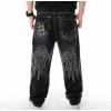 Mens Jeans Denim Embroidery Baggy Loose Hip Hop Trousers Relaxed W30-W46 Black
