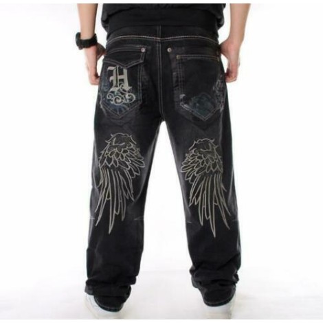 Mens Jeans Denim Embroidery Baggy Loose Hip Hop Trousers Relaxed W30-W46 Black