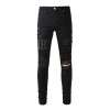 Mens Punk Ripped Letter PU Patchwork Frayed Skinny Fit Stretch Denim Black Jeans