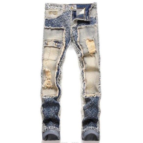 Mens Retro Blue Ripped Straight Leg Casual Pants Denim Jeans Punk Pants Trousers