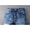 Men’s Ripped Pleated Slim fit PU Patch Jeans Stretch Distressed Blue Biker Pants