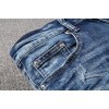 Men’s Ripped Pleated Slim fit PU Patch Jeans Stretch Distressed Blue Biker Pants