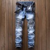 Punk Biker Jeans Men Pleated Skinny Denim Pants Casual Slim Stretch Trousers