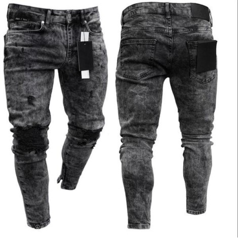 Spring and Summer Male Personality Ripped Black Casual Skinny Zipper Jeans