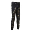 Men's Punk Camouflage Stars PU Patchwork Skinny fit Stretch Denim Ripped Jeans
