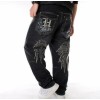 Mens Jeans Denim Embroidery Baggy Loose Hip Hop Trousers Relaxed W30-W46 Black