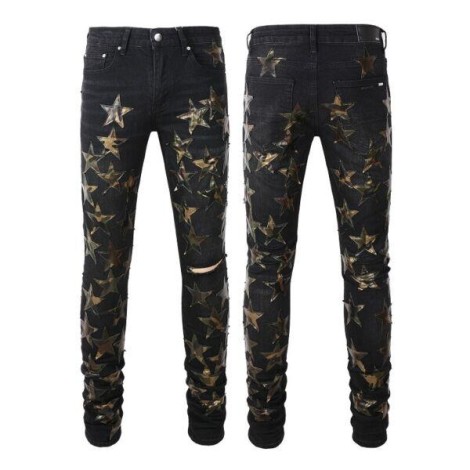 Men's Punk Camouflage Stars PU Patchwork Skinny fit Stretch Denim Ripped Jeans