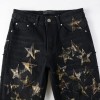 Men's Punk Camouflage Stars PU Patchwork Skinny fit Stretch Denim Ripped Jeans