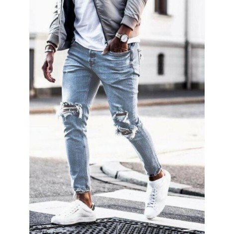 Spring and Summer Male Personality Fashion Hole Denim Pencil Pants Trousers