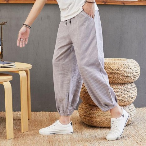 Mens Loose Pants Stripe Casual Bloomers Wide Legs Harem Cropped Trousers Fashion