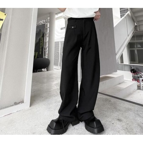 Men's Fashion Retro Black Wide leg pants Youth Casual Loose Suit Pants Trousers