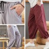 Mens Loose Pants Stripe Casual Bloomers Wide Legs Harem Cropped Trousers Fashion