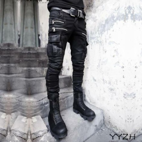 Punk Rock Mens Fashion Black Zip Gothic Hip-hop Denim DJ pencil Pants Trousers
