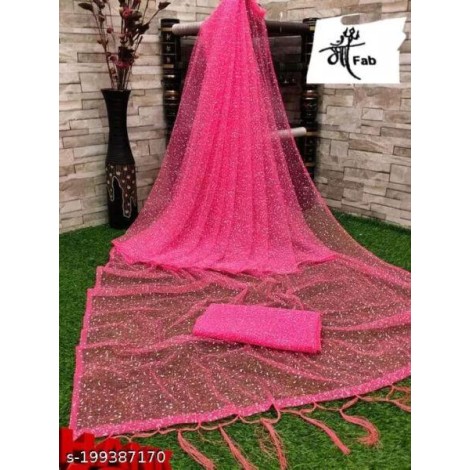 Embellished Women's Net Foil Print Pink Traditional Saree With Unstitch Blouse