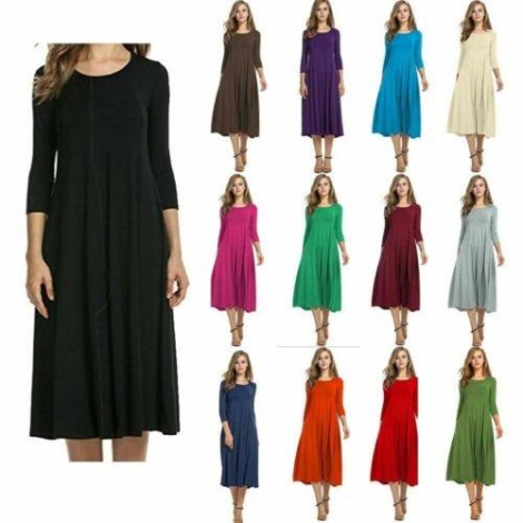WOMENS LADIES PLAIN JERSEY SWING DRESS CASUAL LONG SLEEVE MIDI DRESS SKATER UK 