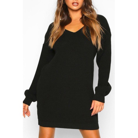 Ladies Womens V Plunge Neck Oversize Baggy Chunk Knit Sweater Jumper Dress Top