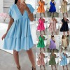 V-Neck Smock Dress Summer Beach Pleated Swing Mini Dress Top Womens Ladies New
